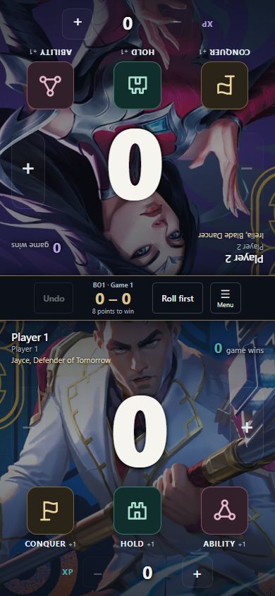 Live tabletop scorekeeper with opposing Jayce and Irelia scorecards